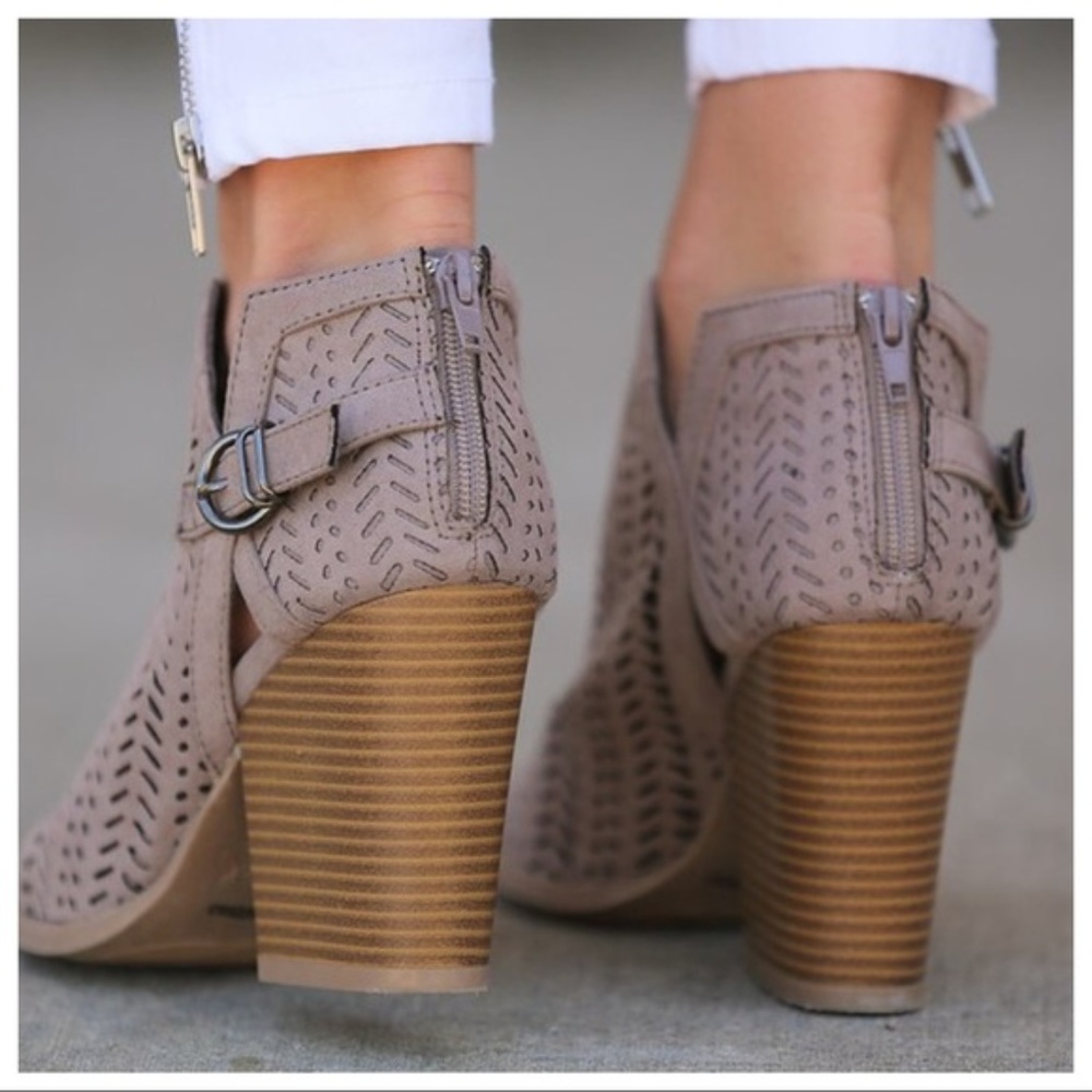 LAST PAIR! Taupe Die Cut Open Toe Buckle Booties - Picture 3 of 3